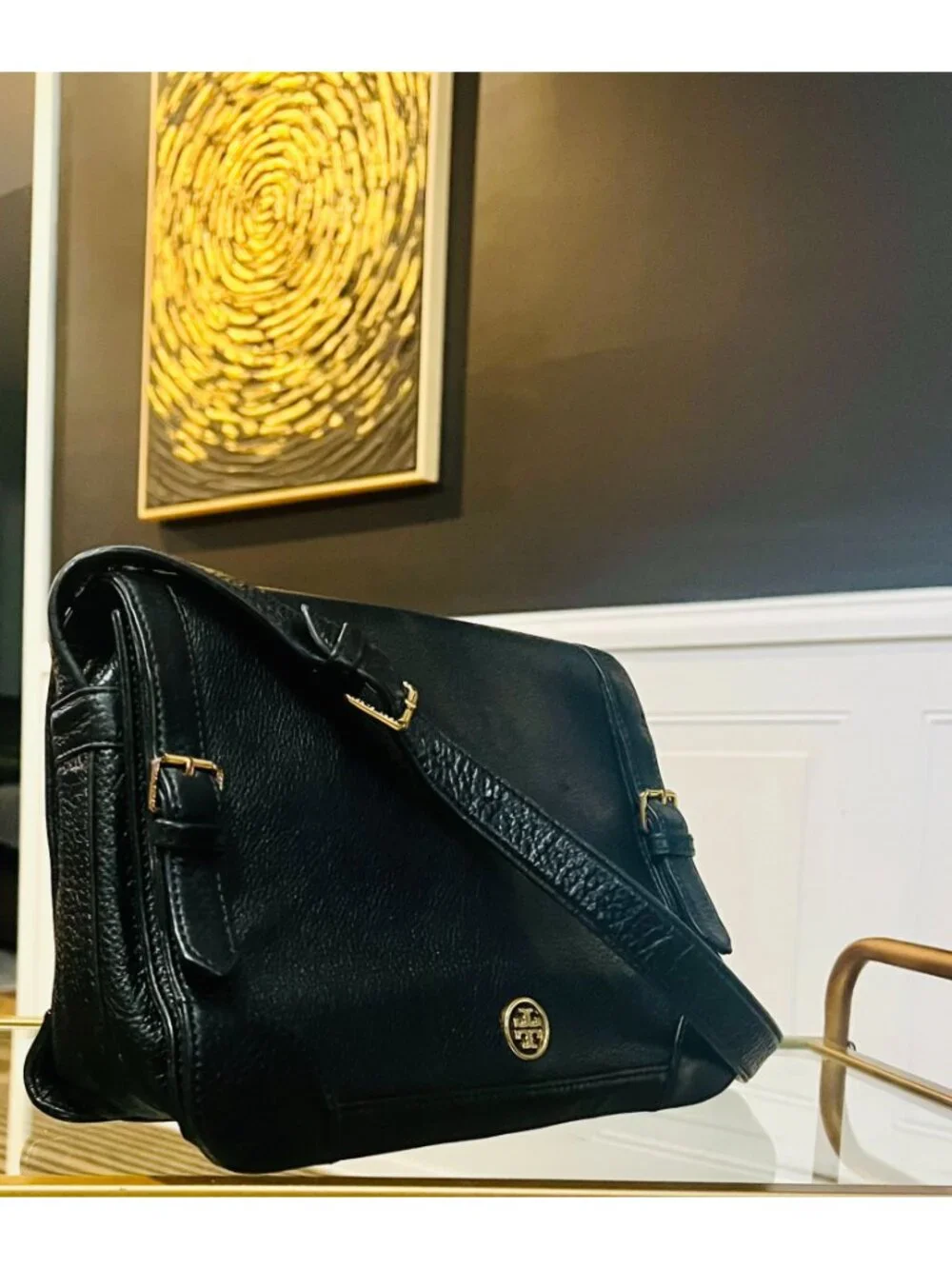 ✺ AUTHENTIC TORY BURCH BLACK LEATHER VINTAGE ROBINSON SHOULDER BAG WITH ADJUSTAB